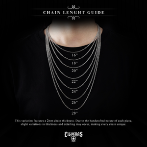 a close-up view of a person's neck and chest area, featuring a necklace with multiple chains of varying chain thicknesses. The image provides a visual guide for the chain length, ranging from 16" to 28" in increments of 2", allowing for a better understanding of the necklace's design and craftsmanship.