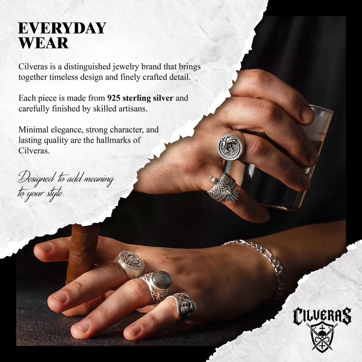 The image is a close-up of a person's hands wearing multiple rings, showcasing the intricate designs and craftsmanship of the jewelry.
