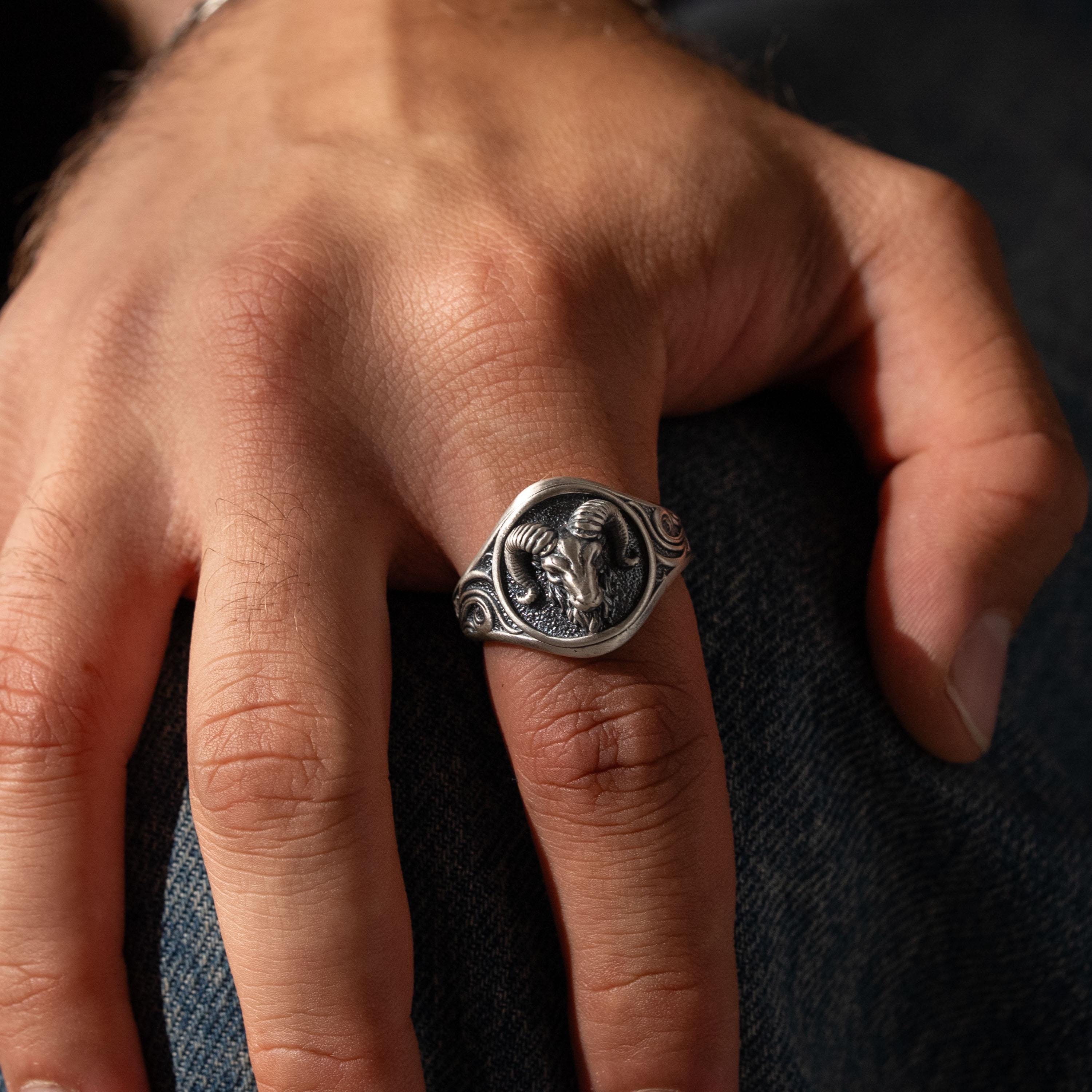 Sculpted Ram Head Motif Signet Ring