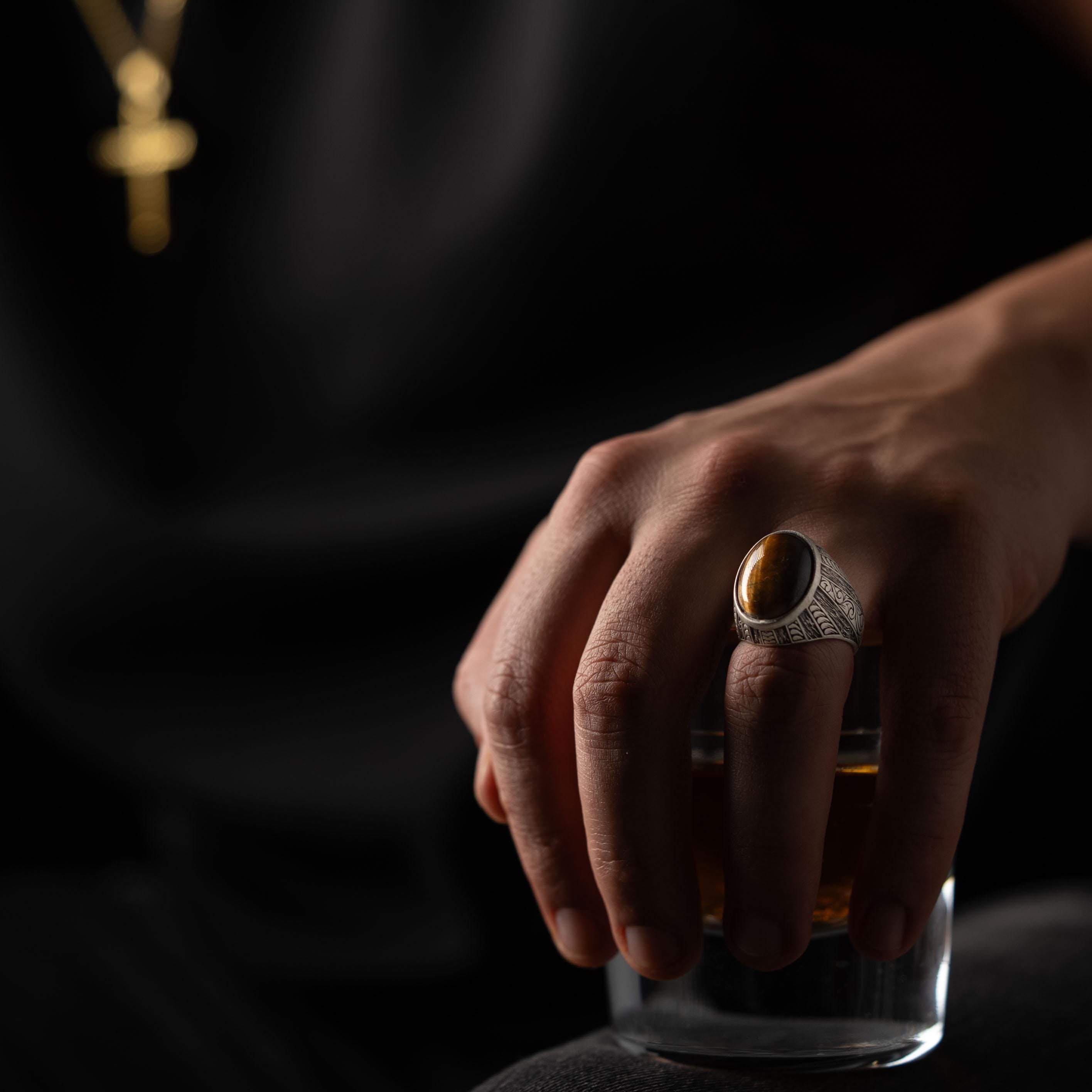 Tiger's Eye Floral Relief Motif Signet Ring