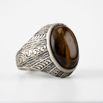 Tiger's Eye Floral Relief Motif Signet Ring