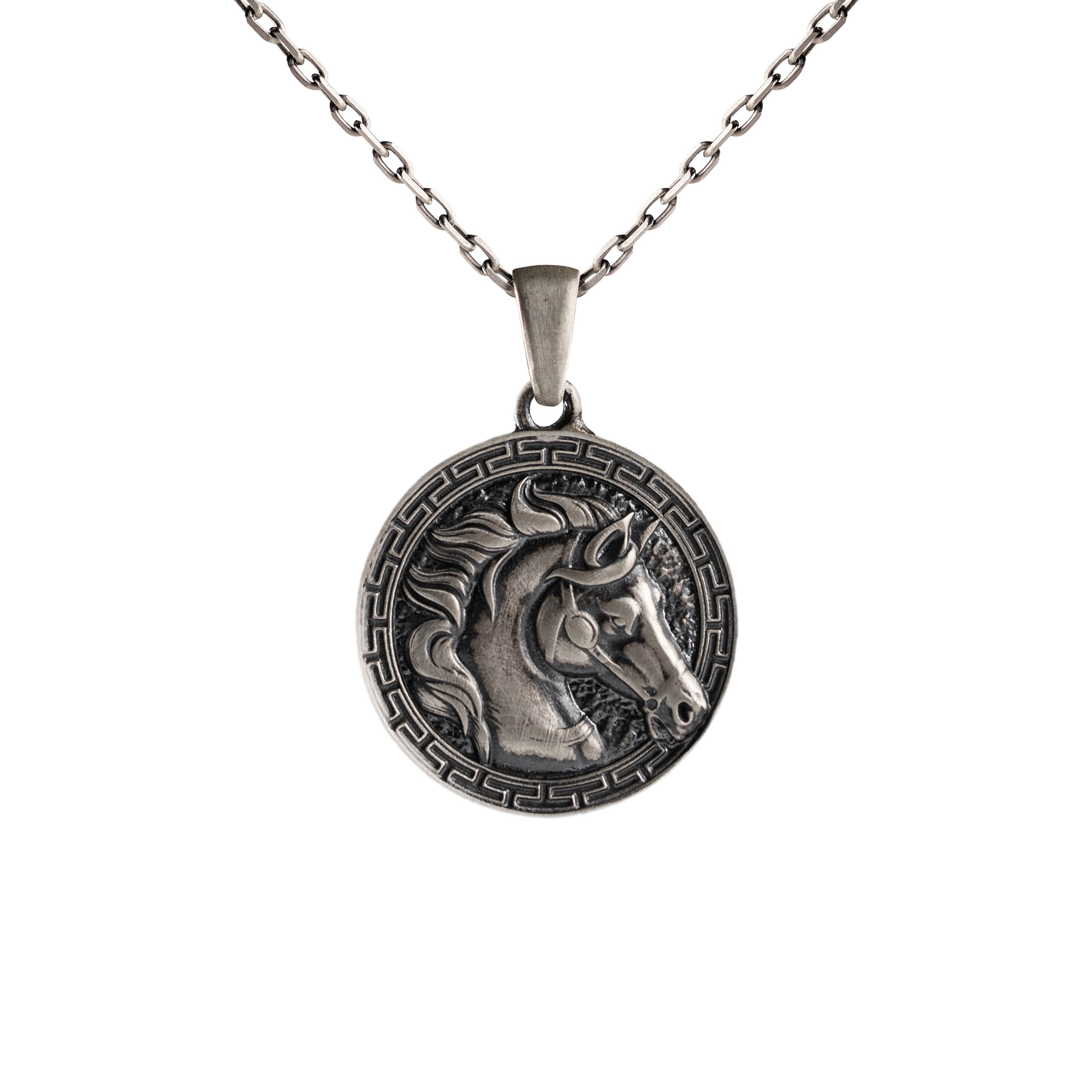 Horse Greek Key Medallion Motif Necklace