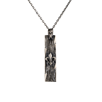 Wood Grain Fleur De Lis Skull Bar Necklace