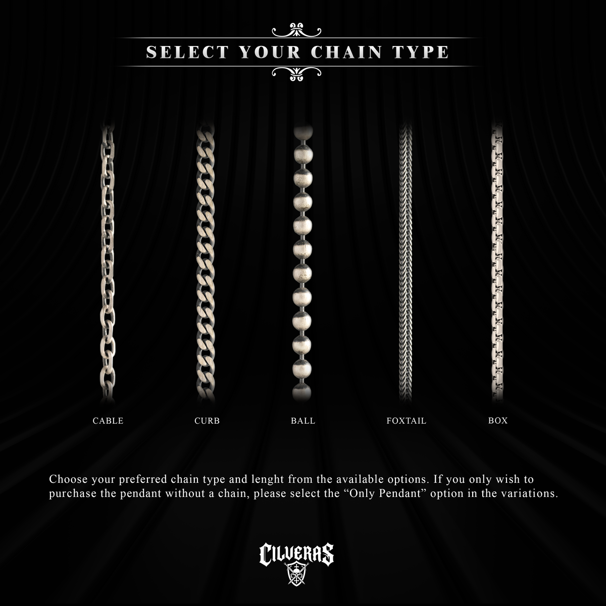 a selection of chain types and their corresponding lengths, with the option to choose either a chain or a pendant without a chain.