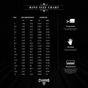 The image is a ring size chart that provides measurements for various US sizes, including 5, 5.5, 6, 6.5, 7, 7, 8, 8.5, 9, 9.5, 10, 10.5, 11, 12.5, 12.5, and 14. The chart includes a scale for circumference and diameter, and instructions for preparing the ring and marking it.