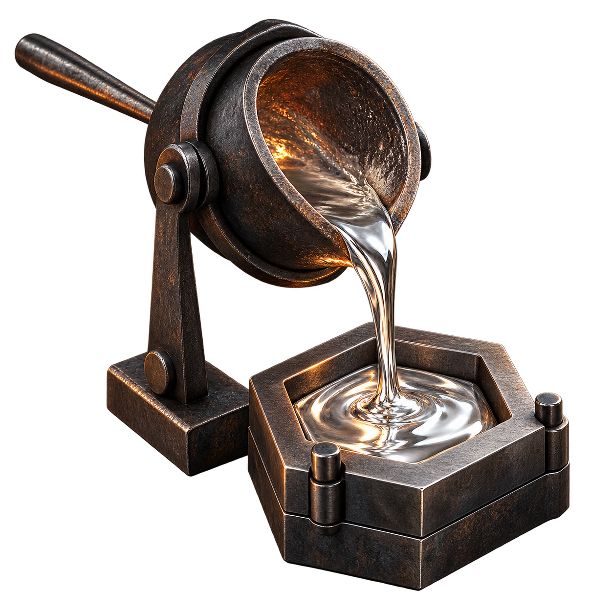 Molten sterling silver being poured into a hexagonal jewelry mold