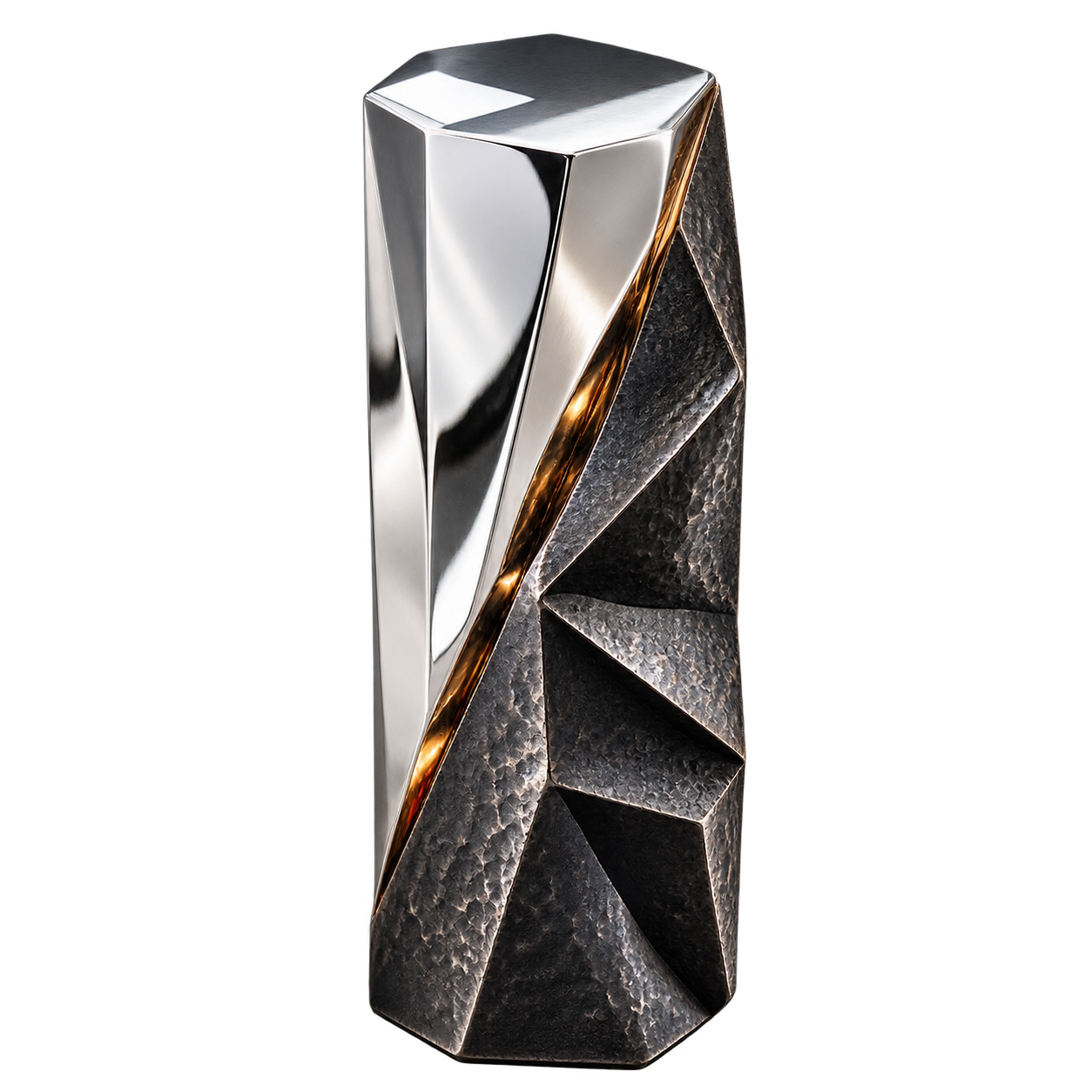 Faceted sterling silver sculpture contrasting polished and oxidized surfaces