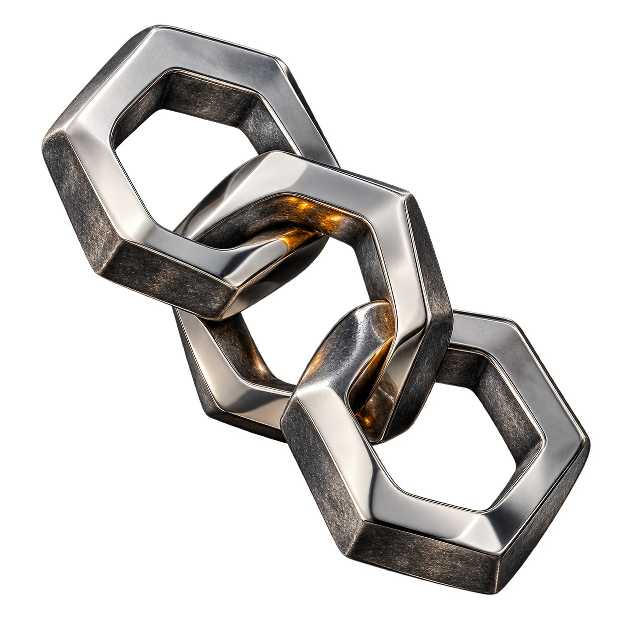 Three interconnected sterling silver hexagonal links representing connection