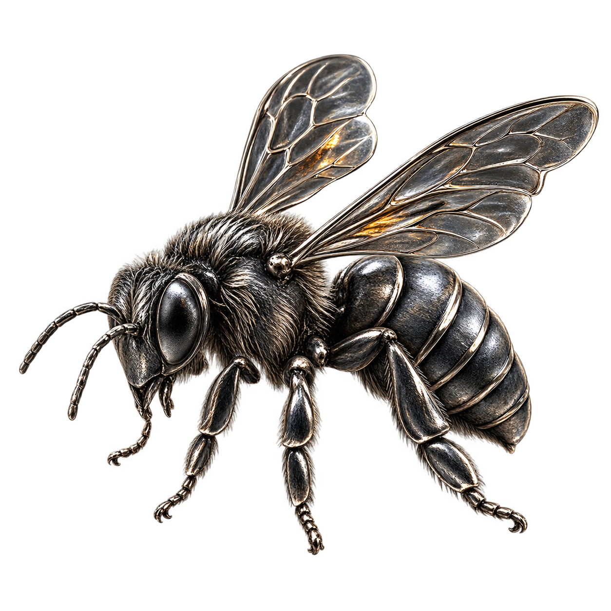 Sculptural oxidized sterling silver honeybee representing nature and precision