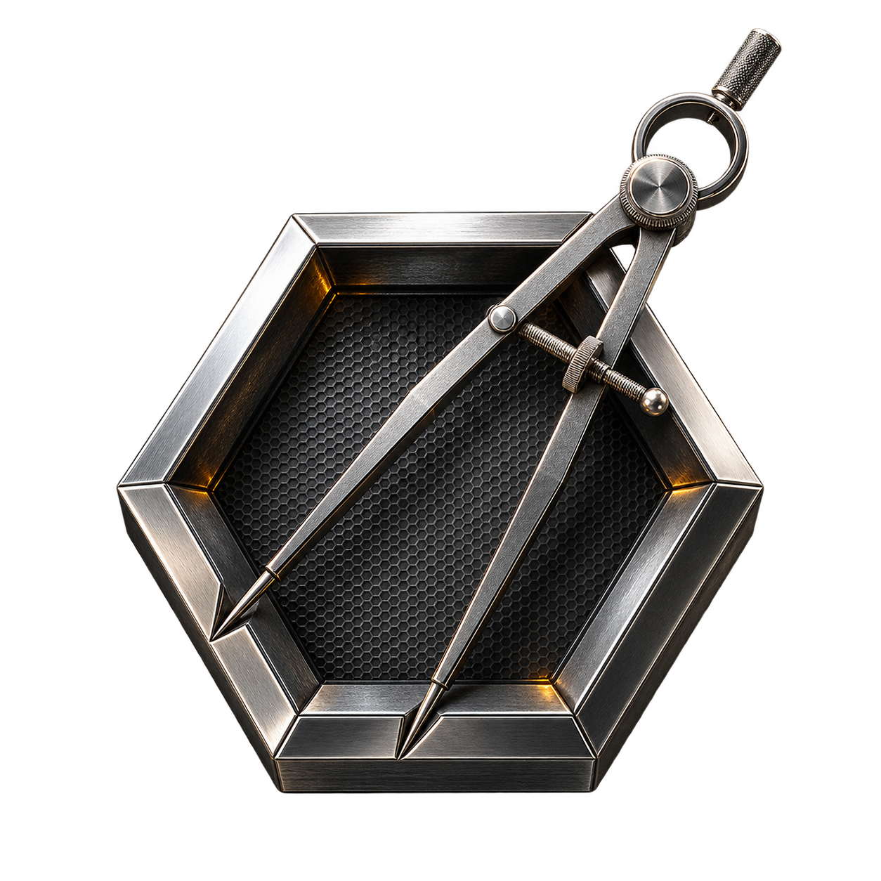 Jeweler compass aligned with a silver hexagonal cell representing precision