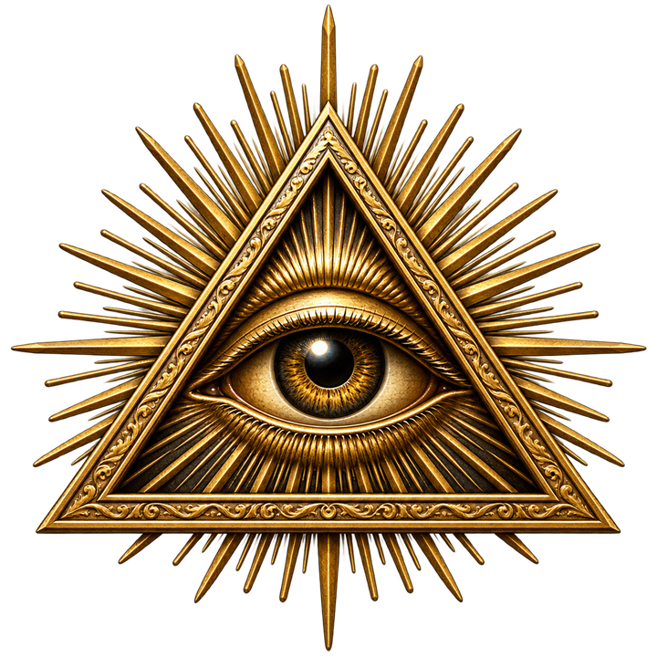 Antique gold All Seeing Eye inside a radiant triangle