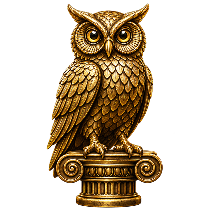 Antique gold Owl of Athena representing wisdom and vigilance
